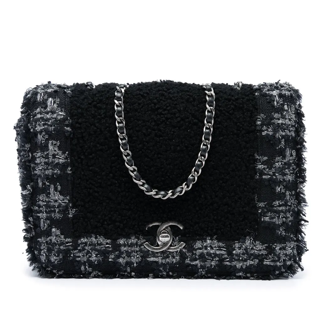 Chanel Medium CC Shearling and Tweed Chain Flap Black Tweed Good - Front View