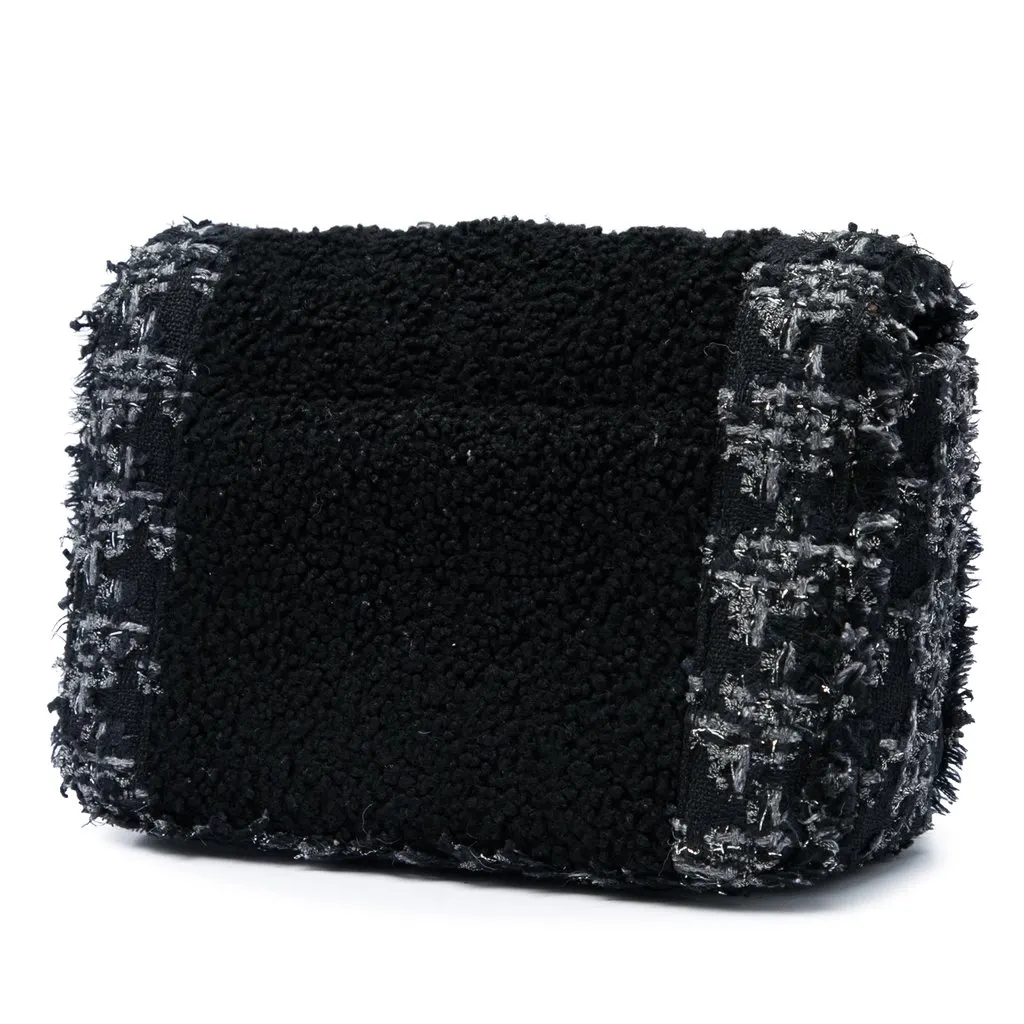Chanel Medium CC Shearling and Tweed Chain Flap Black Tweed Good - Back View