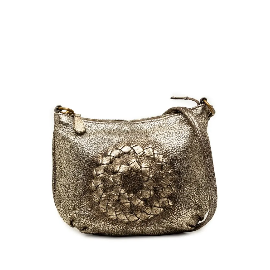 Bottega Veneta Metallic Intrecciato Trimmed Cervo Deerskin Illusion Shoulder Bag Gold Leather Very good - Front View
