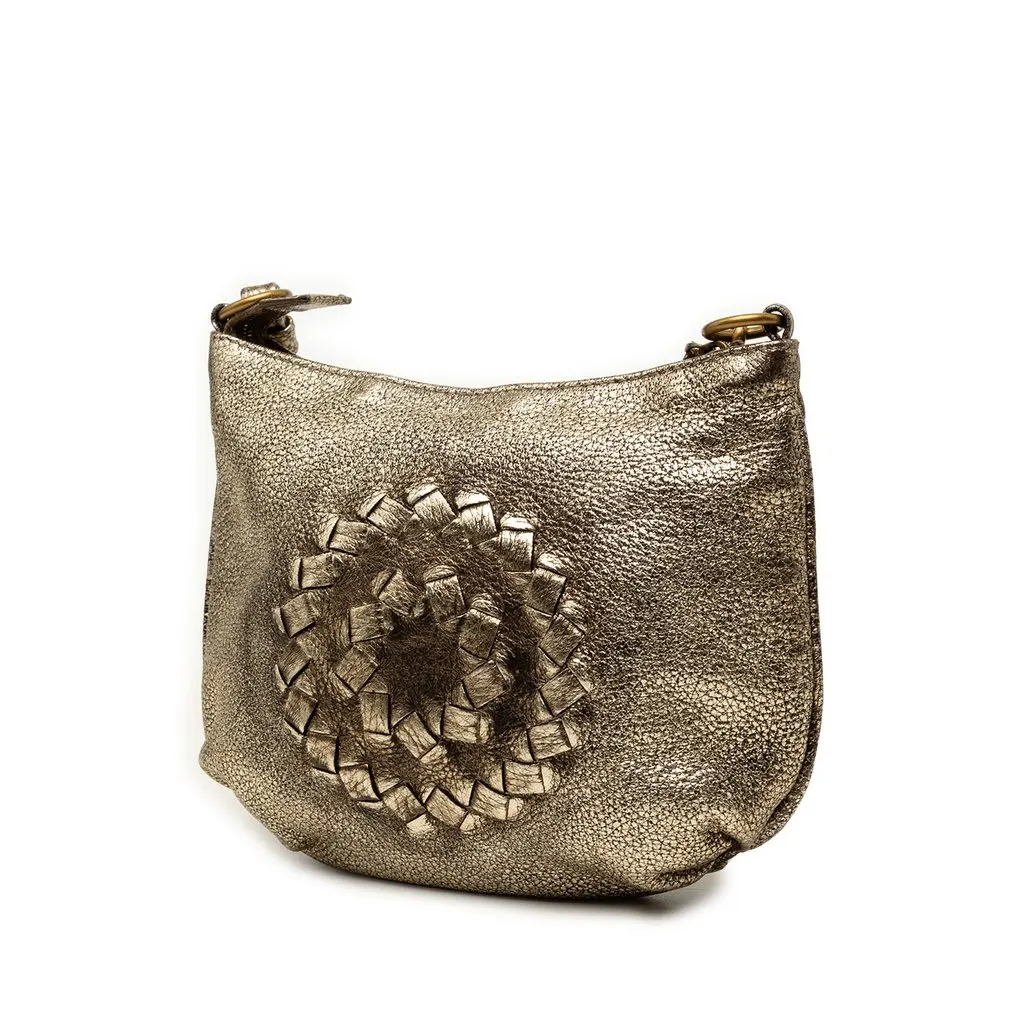 Bottega Veneta Metallic Intrecciato Trimmed Cervo Deerskin Illusion Shoulder Bag Gold Leather Very good - Back View