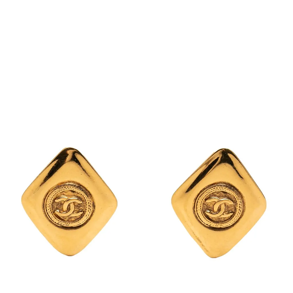 Chanel CC Gold Plated Rhombus Clip On Earrings Gold Metal Very good - Front View