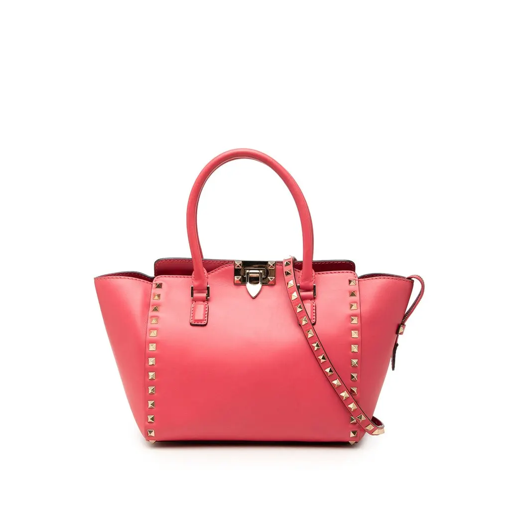 Valentino Small Leather Rockstud Trapeze Satchel Pink Leather Very good - Front View