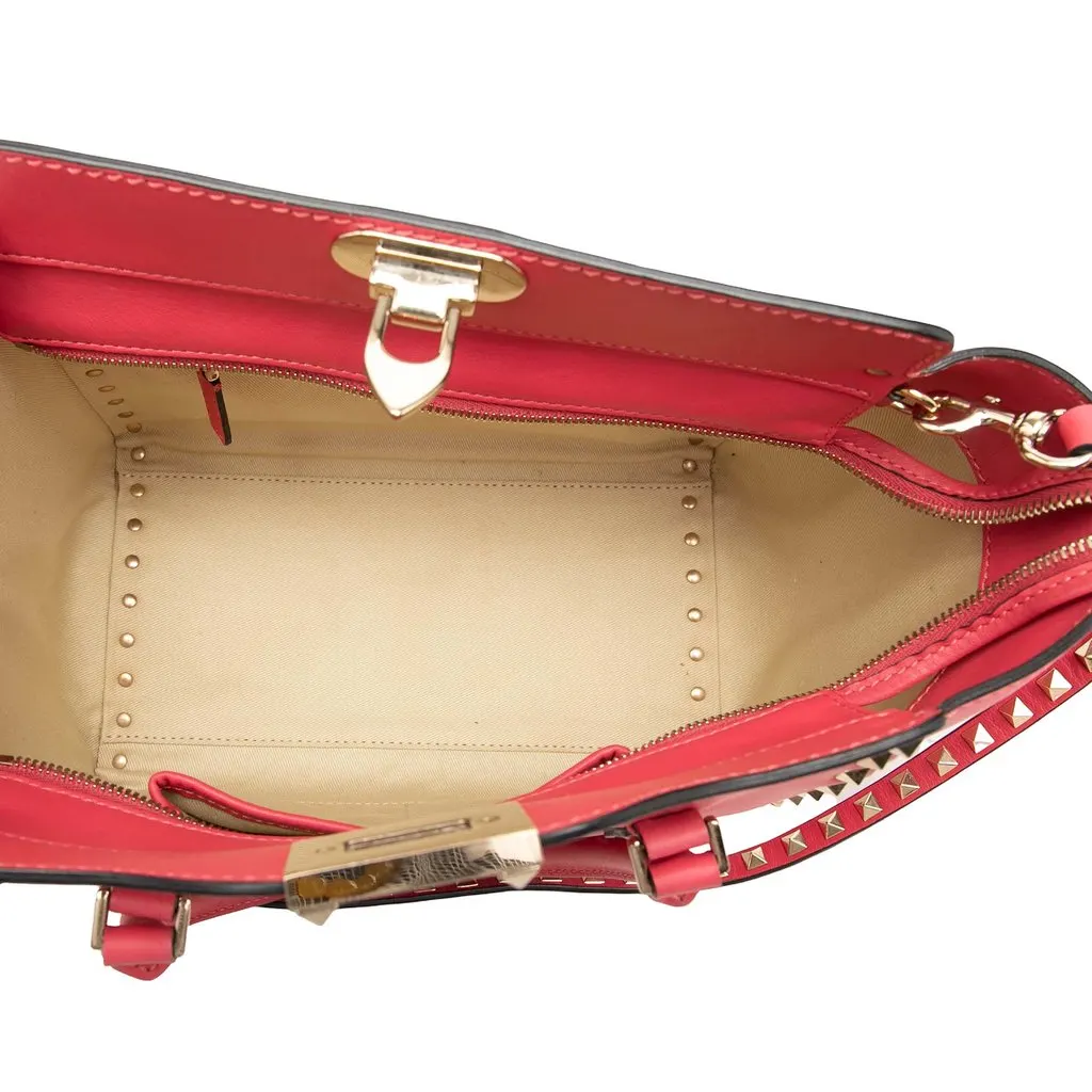 Valentino Small Leather Rockstud Trapeze Satchel Pink Leather Very good - Model View