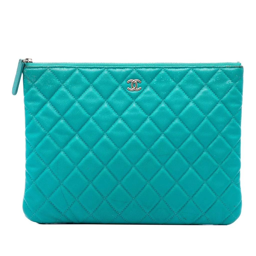 Chanel Medium Quilted Caviar O Case Clutch Blue Leather Good - Front View