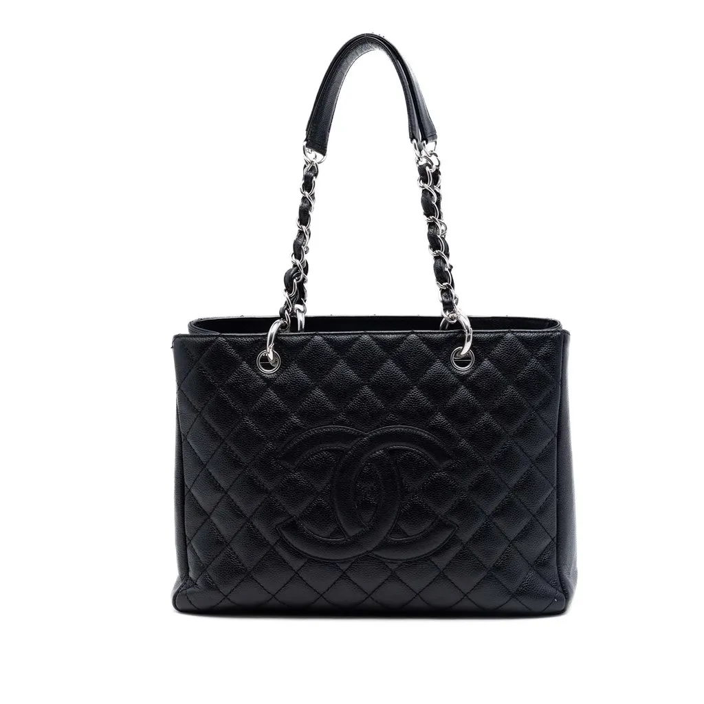 Chanel Caviar Grand Shopping Tote Black Leather Very good - Front View