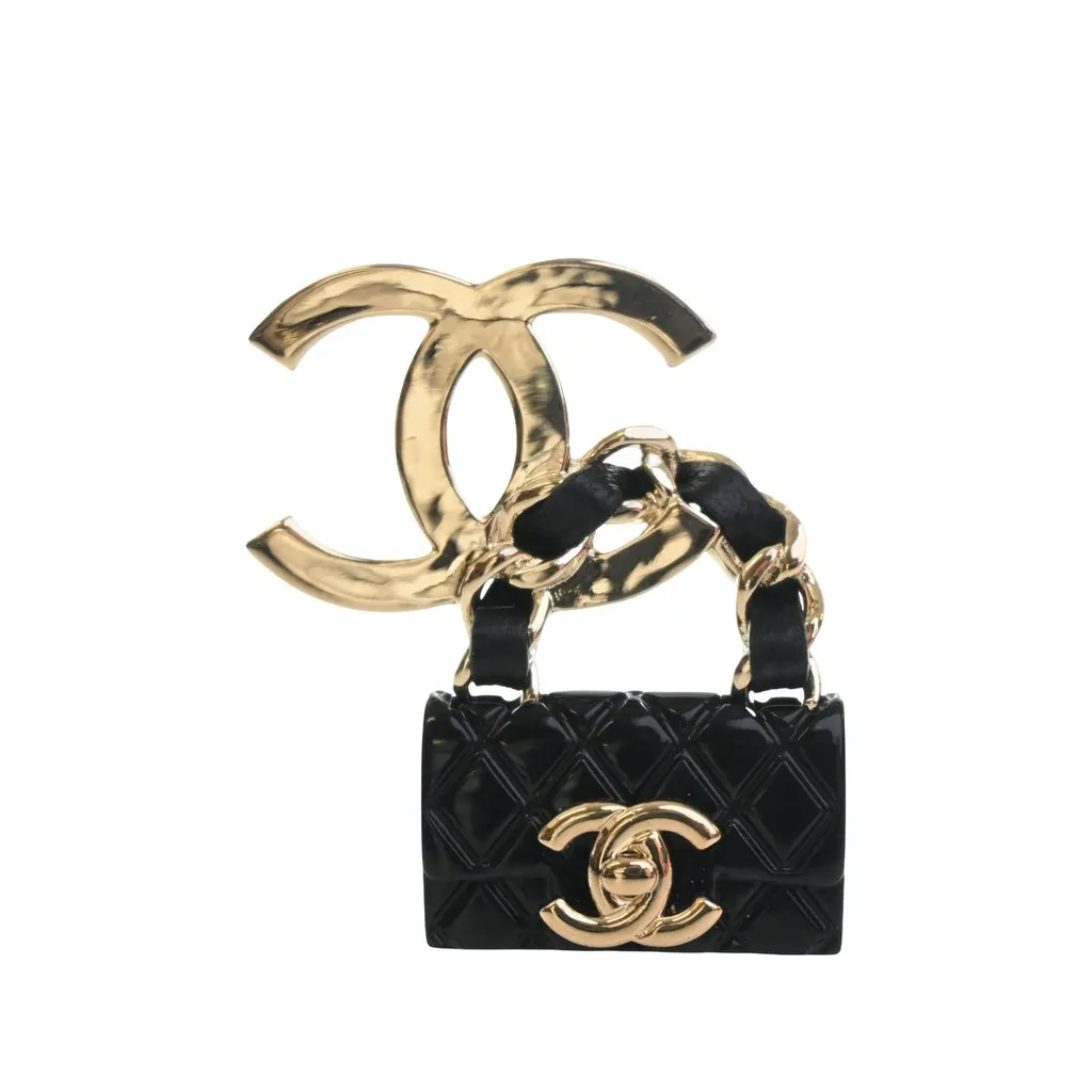 Chanel CC Gold Plated Quilted Enamel Flap Bag Brooch Gold Metal Very good - Front View