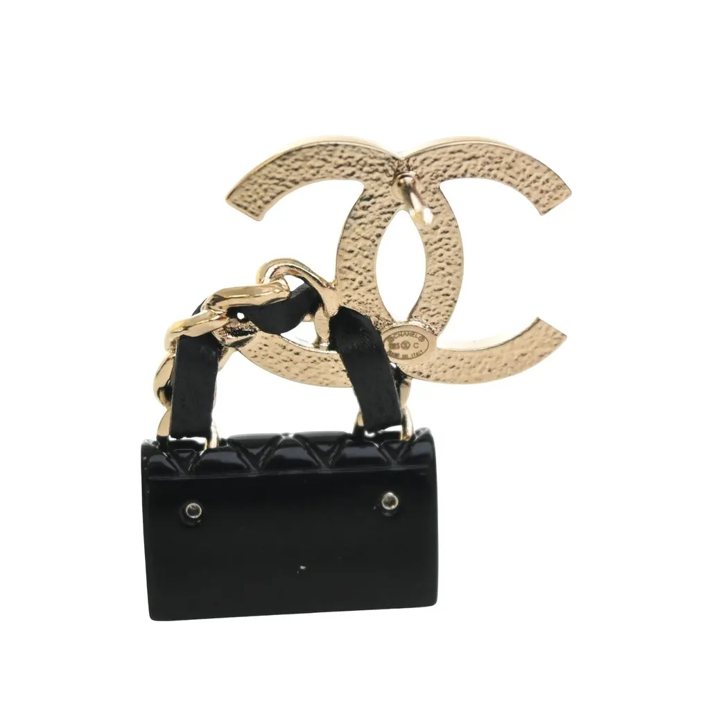 Chanel CC Gold Plated Quilted Enamel Flap Bag Brooch Gold Metal Very good - Back View