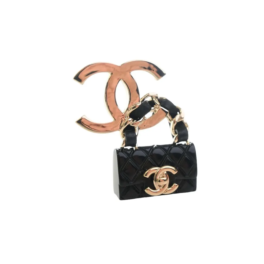 Chanel CC Gold Plated Quilted Enamel Flap Bag Brooch Gold Metal Very good - Box View