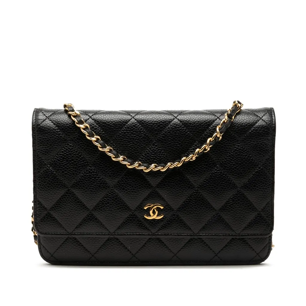 Chanel CC Quilted Caviar Wallet on Chain Black Leather Very good - Front View
