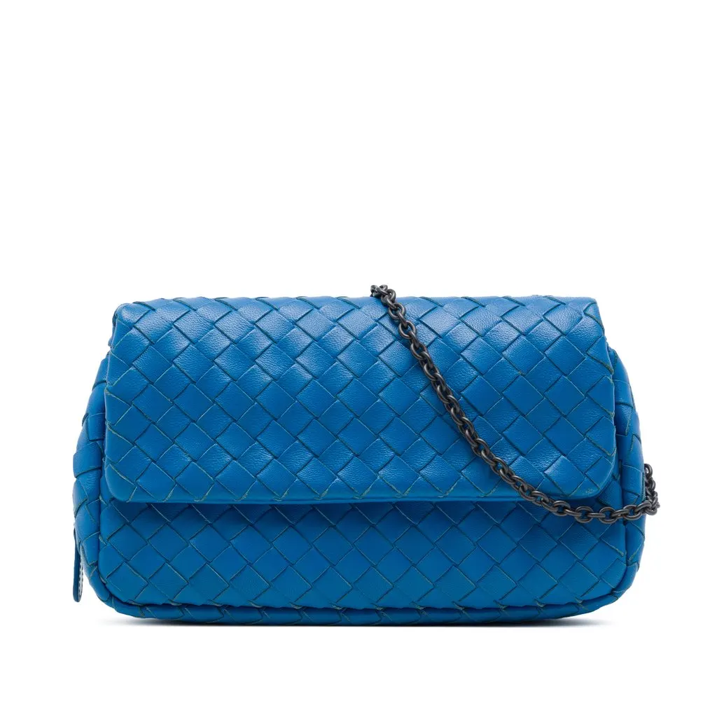 Bottega Veneta Mini Nappa Intrecciato Expandable Chain Flap Crossbody Blue Leather Very good - Front View