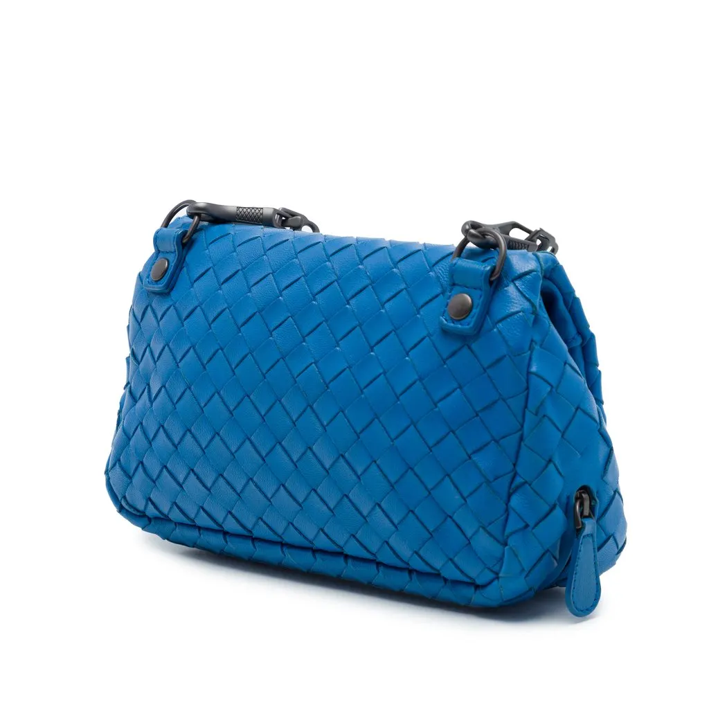 Bottega Veneta Mini Nappa Intrecciato Expandable Chain Flap Crossbody Blue Leather Very good - Back View