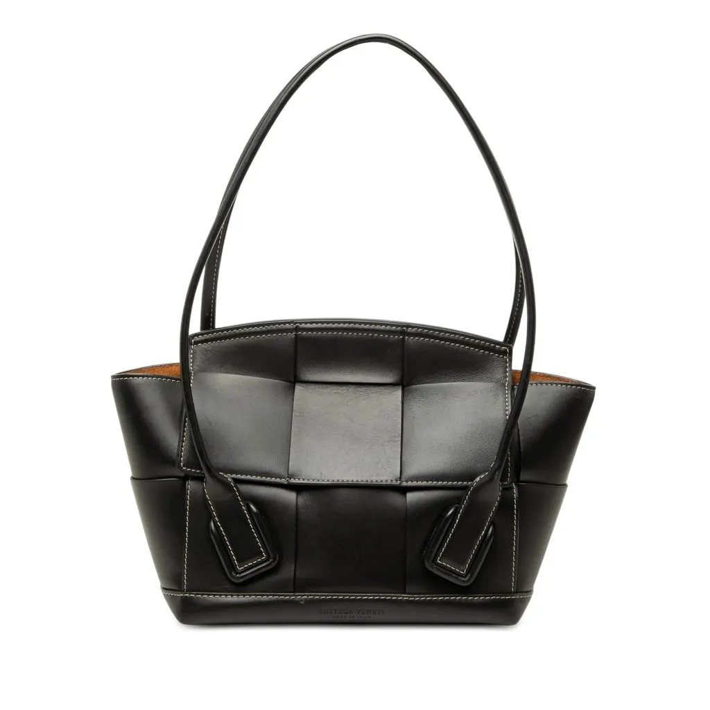 Bottega Veneta Small Calfskin Maxi Intrecciato Arco Satchel Black Leather Good - Front View