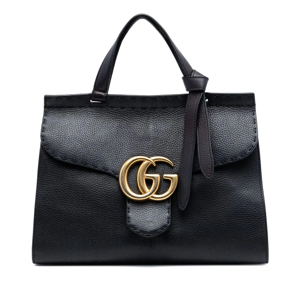 Gucci Small GG Marmont Grained Calfskin Top Handle Satchel Black Leather Very good - Front View