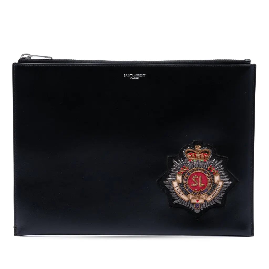 Saint Laurent Embroidered Crest Calfskin Zippered Clutch Black Leather Very good - Front View