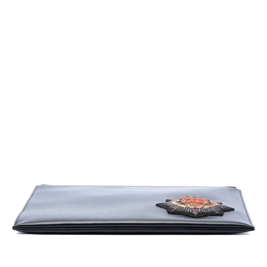 Saint Laurent Embroidered Crest Calfskin Zippered Clutch Black Leather Very good - Inside View