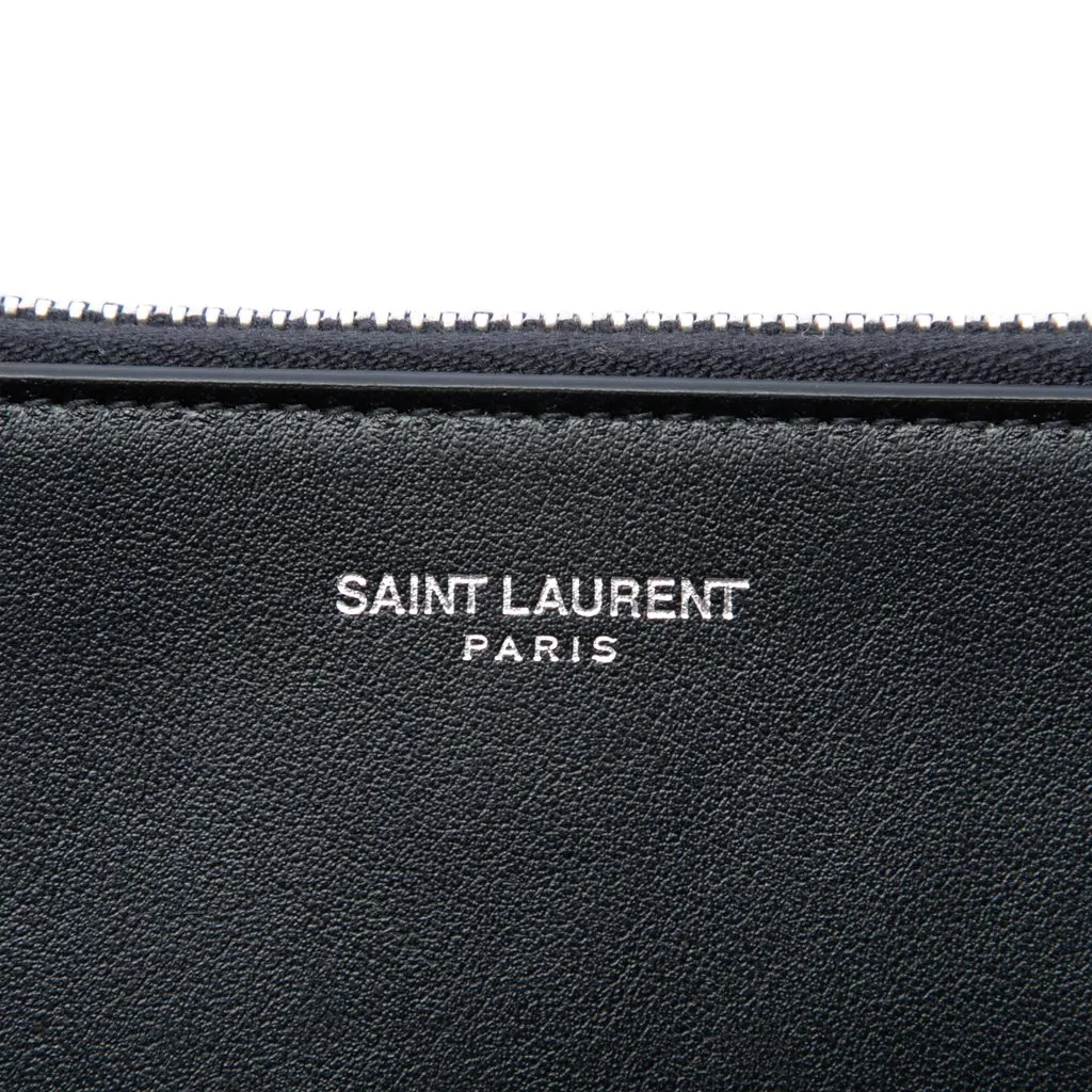 Saint Laurent Embroidered Crest Calfskin Zippered Clutch Black Leather Very good - Box View