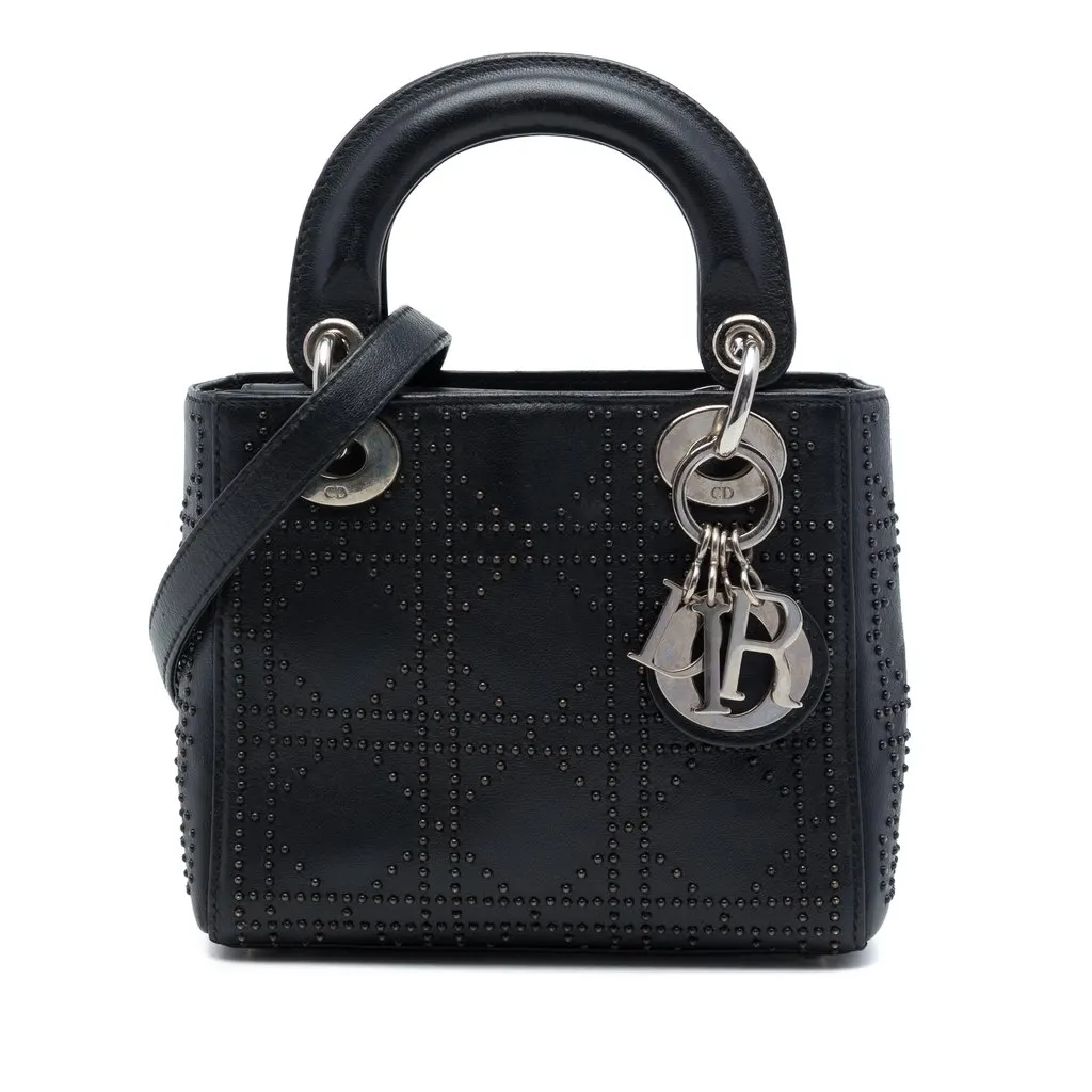 Dior Mini Calfskin Cannage Studded Lady Dior Black Leather Good - Front View