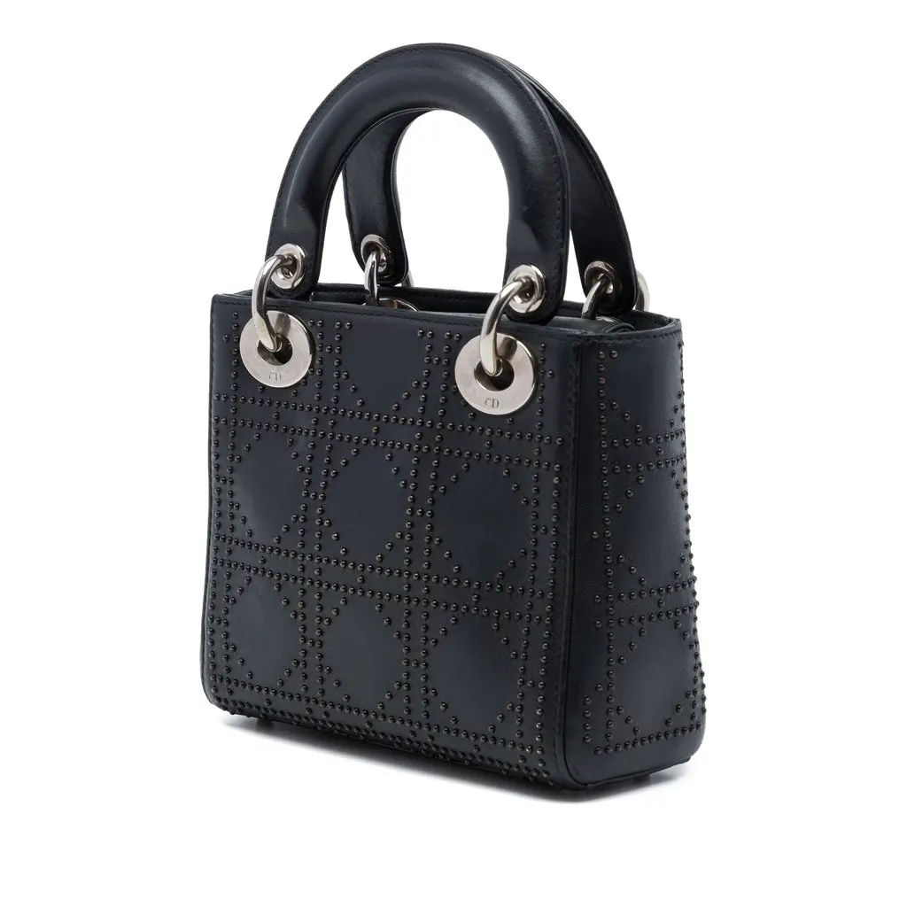 Dior Mini Calfskin Cannage Studded Lady Dior Black Leather Good - Back View