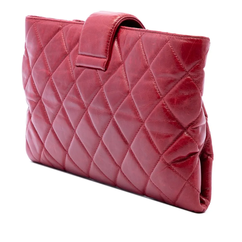 Chanel Quilted Glazed Calfskin Coco Pleats Chain Clutch Red Leather Very good - Back View