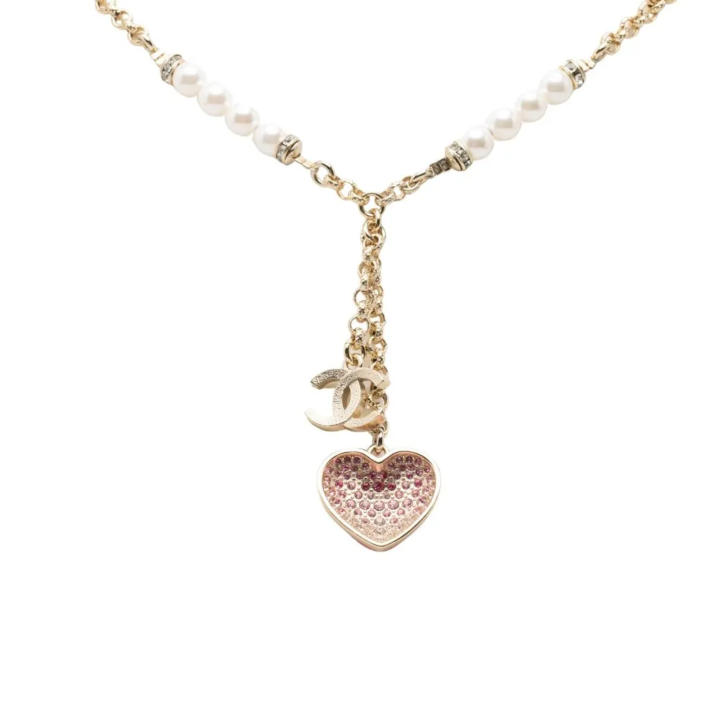 Chanel CC Gold Plated Strass Faux Pearl Enamel Heart Pendant Necklace Gold Metal Very good - Back View