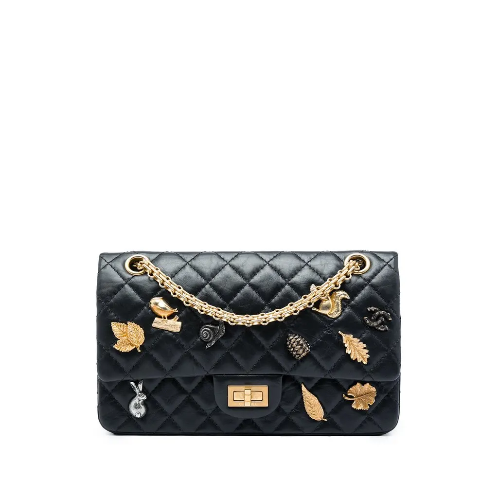 Chanel Quilted Aged Calfskin Reissue 2.55 Lucky Charms Double Flap 225 Black Leather Very good - Front View