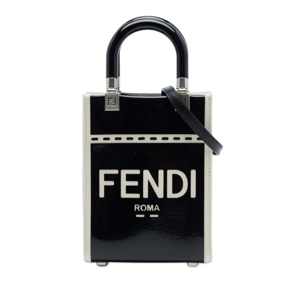 Fendi Mini Patent and Canvas Sunshine Shopper Tote Black Leather Good - Front View
