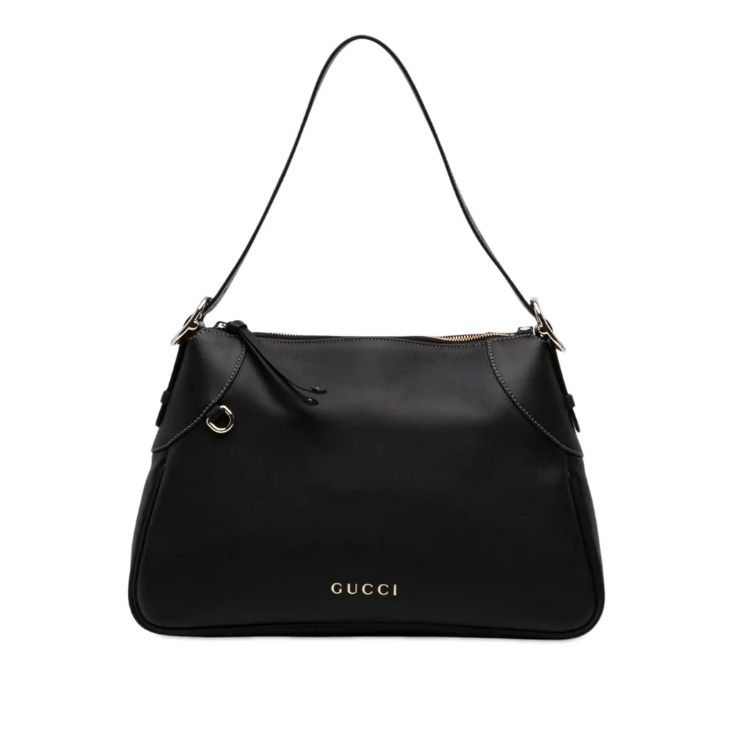 Gucci Medium Calfskin GG Emblem Shoulder Bag Black Leather Very good - Front View