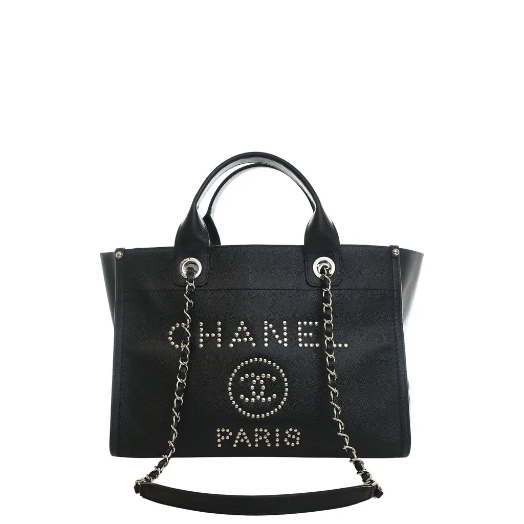 Chanel Small Studded Caviar Deauville Tote Black Leather Very good - Front View