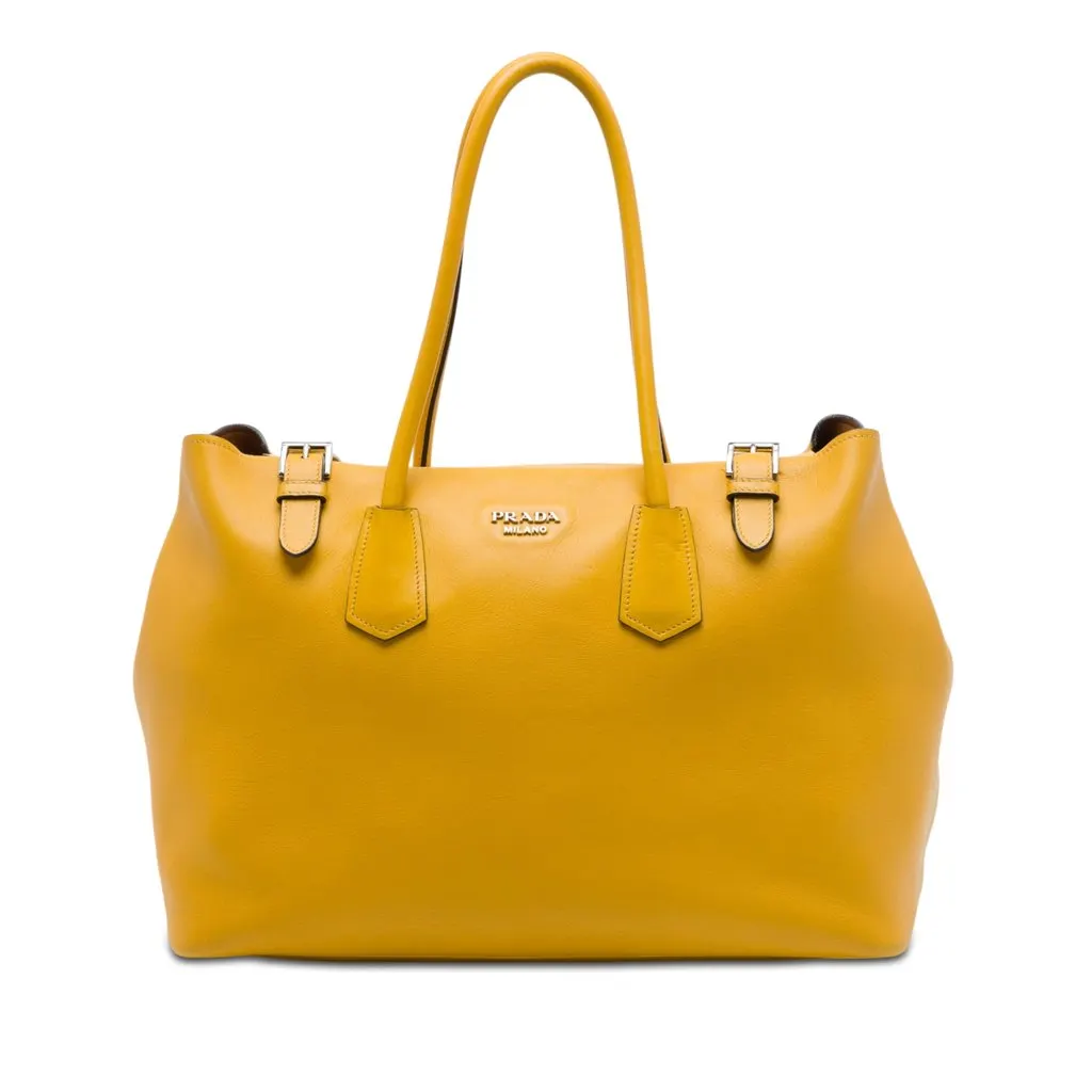 Prada City Calf Leather Buckle Tote Yellow Leather Very good - Front View