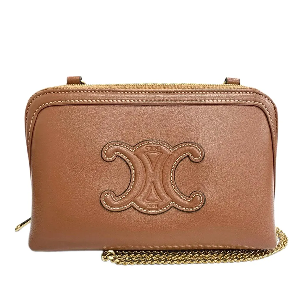 Celine Smooth Calfskin Cuir Triomphe Clutch on Chain Brown Leather Very good - Front View