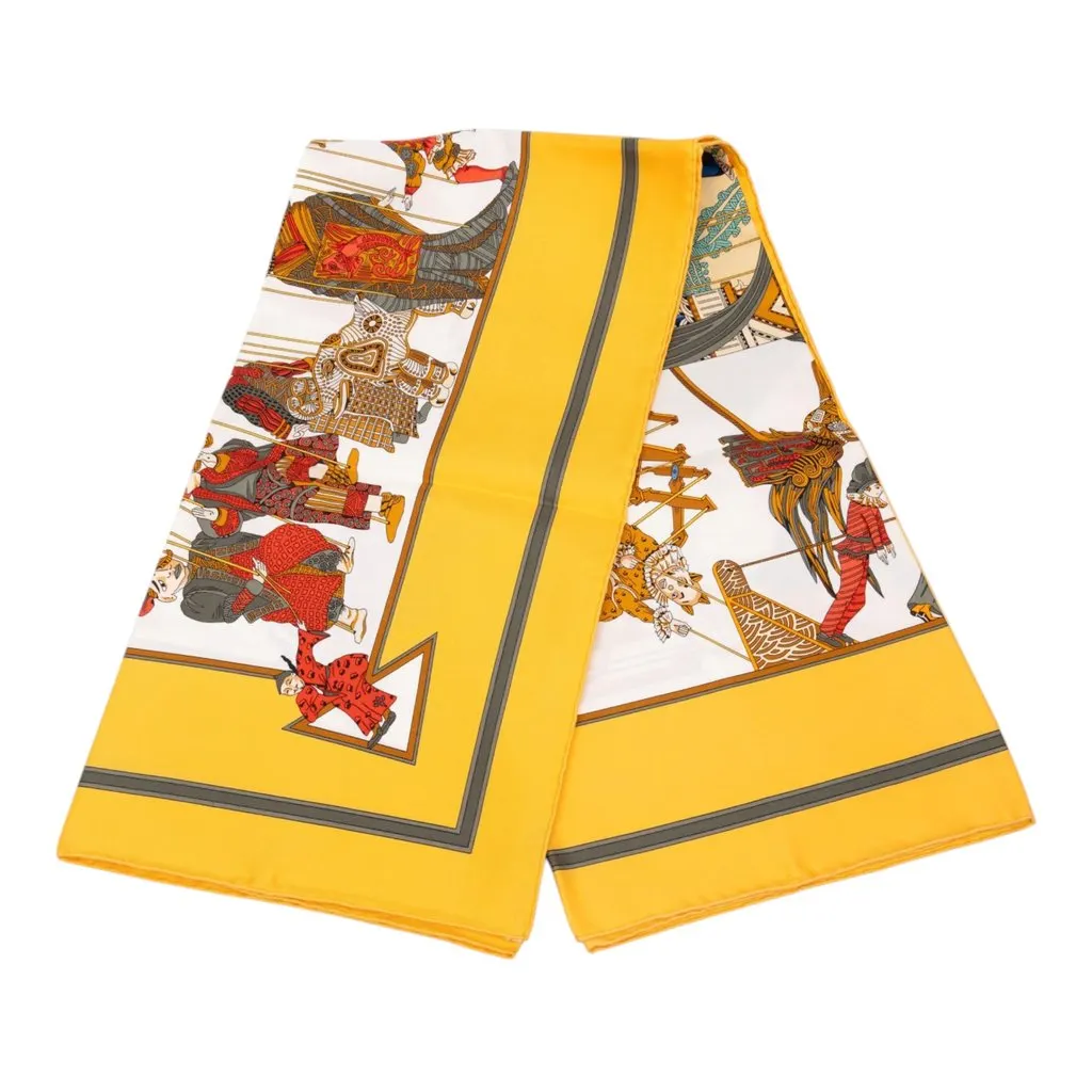 Hermès Le Temps des Marionnettes Silk Scarf 90 Yellow Silk Never worn - Front View