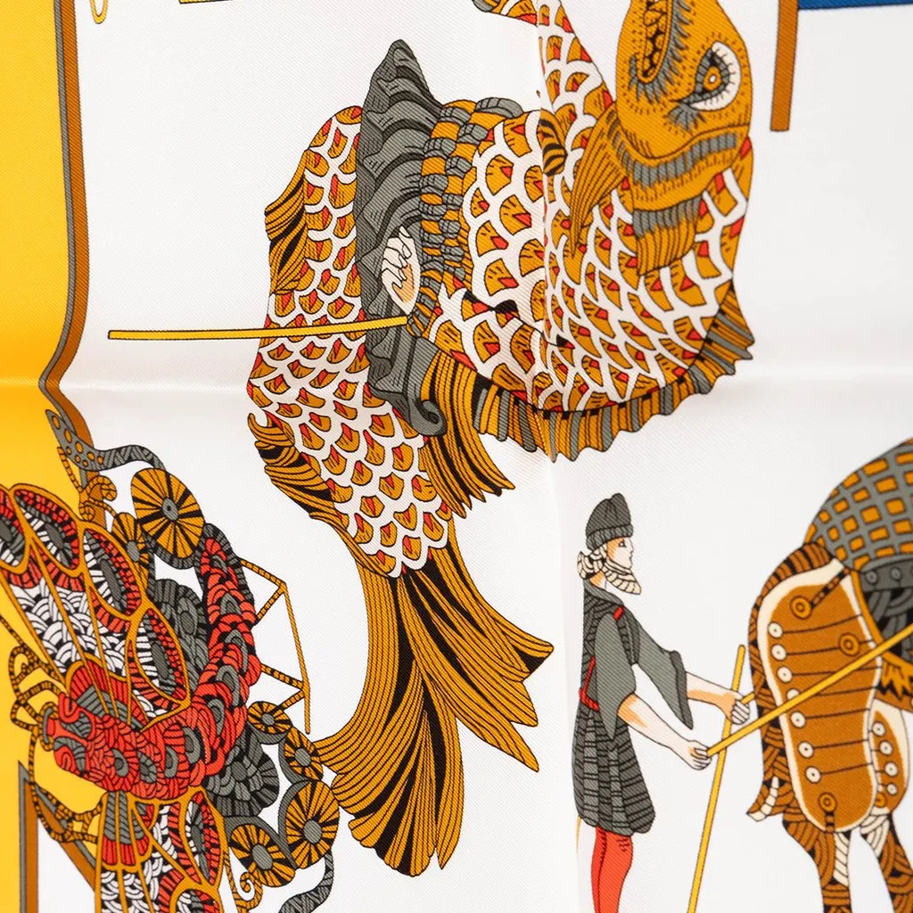 Hermès Le Temps des Marionnettes Silk Scarf 90 Yellow Silk Never worn - Inside View