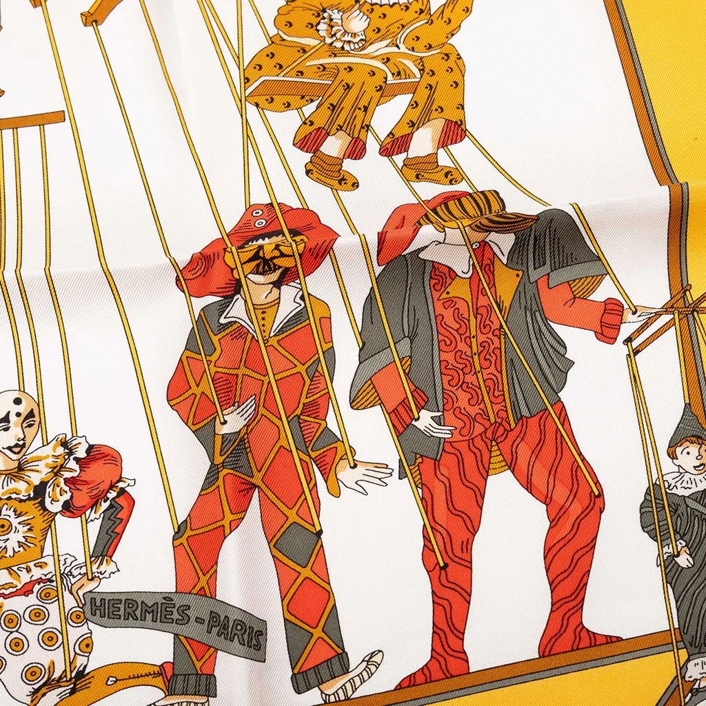 Hermès Le Temps des Marionnettes Silk Scarf 90 Yellow Silk Never worn - Model View