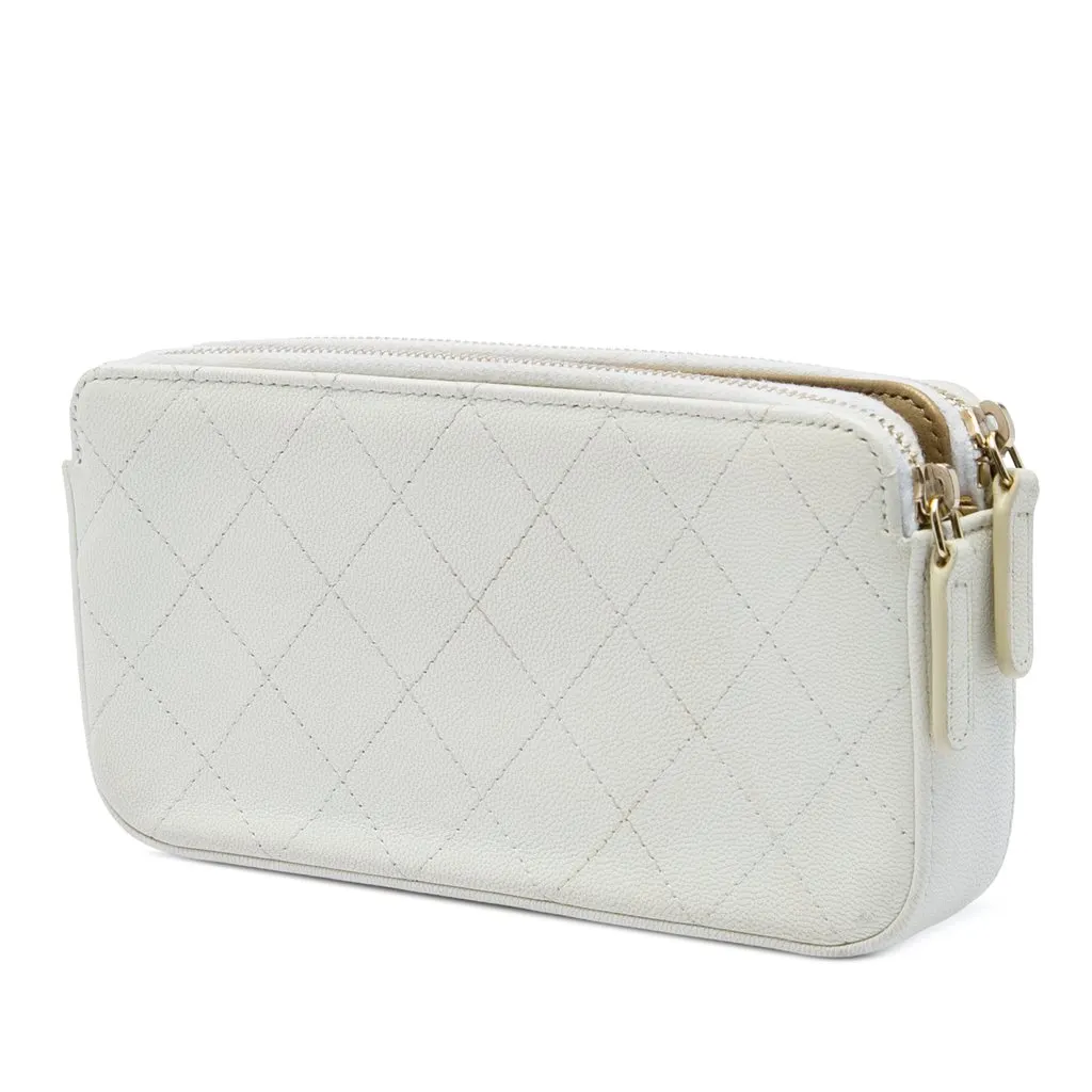 Chanel CC Quilted Goatskin Chic Pearls Double Zip Clutch With Chain White Leather Very good - Back View