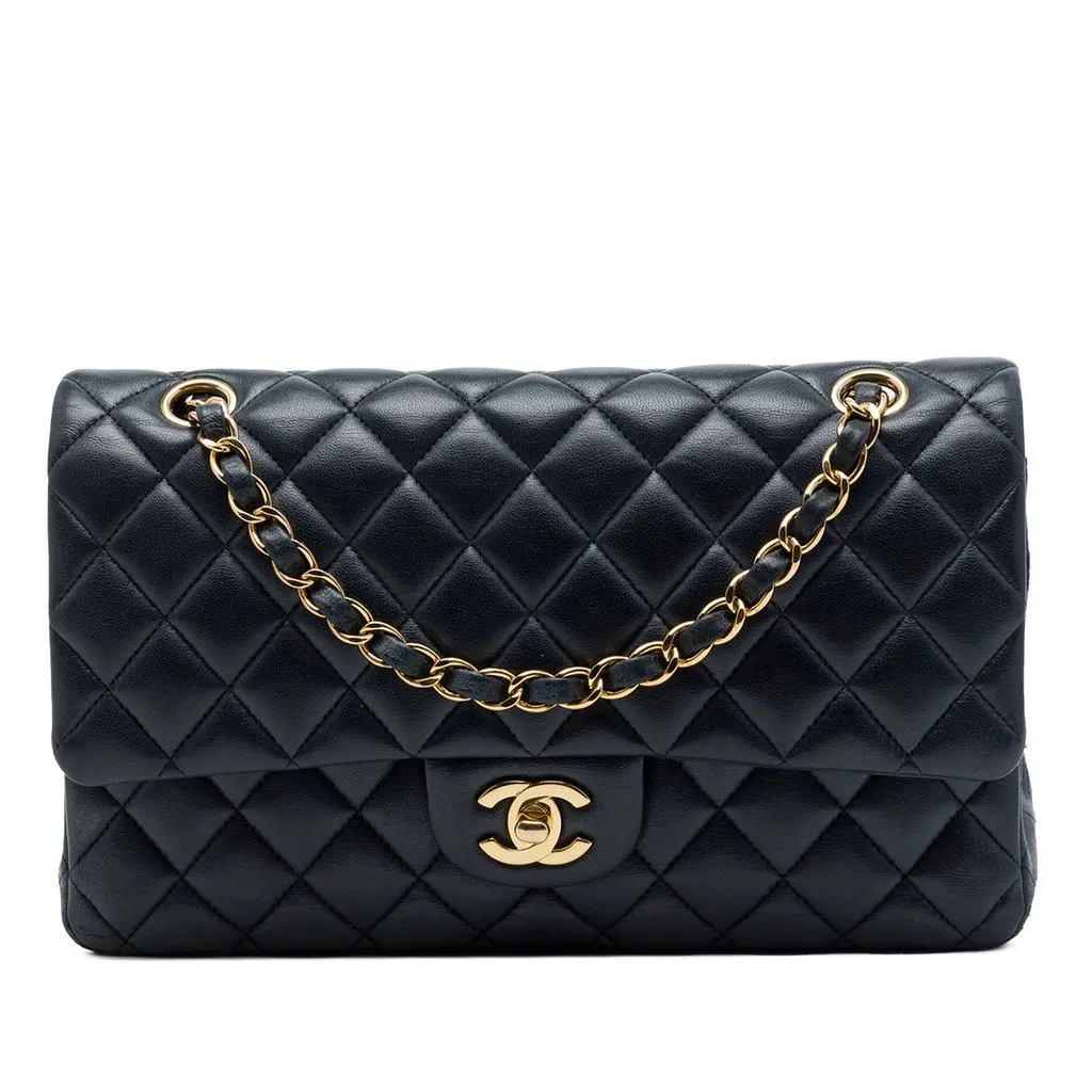 Chanel Medium Classic Lambskin Double Flap Black Leather Very good - Front View