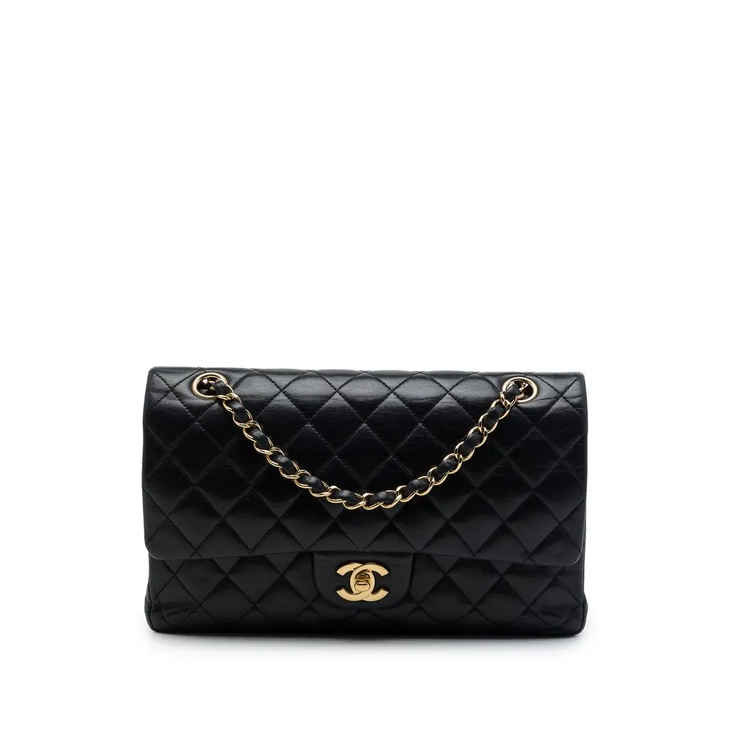 Chanel Medium Classic Lambskin Double Flap Black Leather Good - Front View