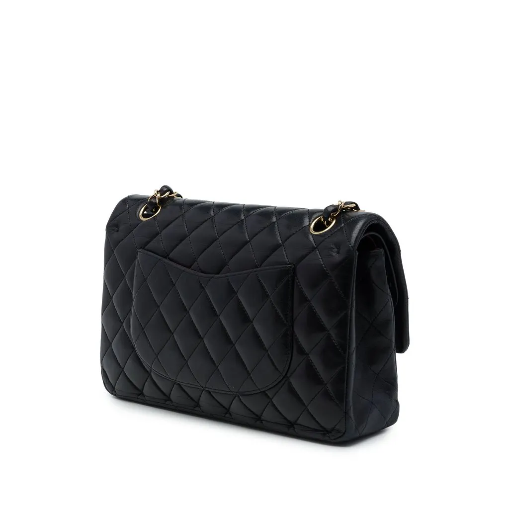Chanel Medium Classic Lambskin Double Flap Black Leather Good - Back View