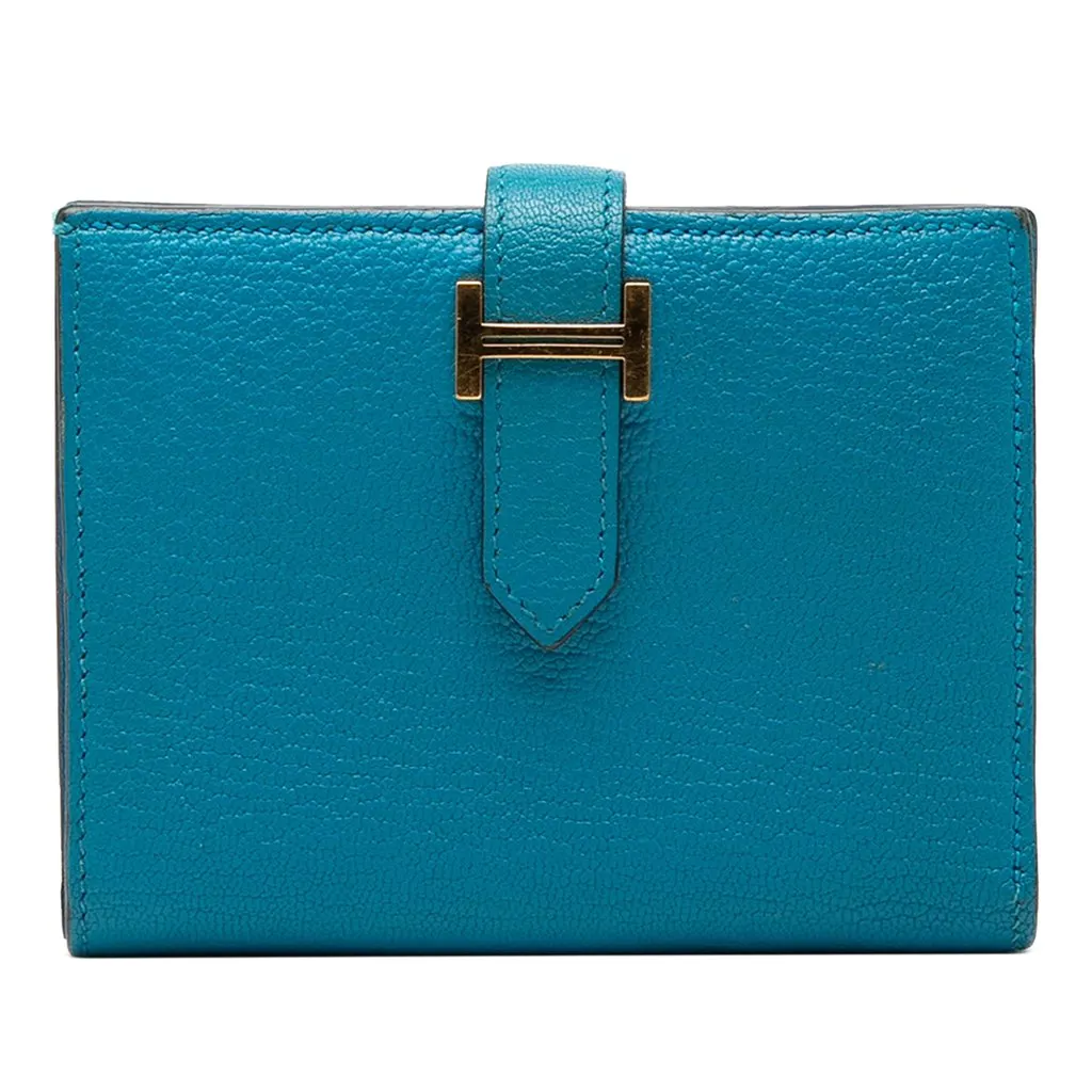 Hermès Chevre Mysore Bearn Compact Wallet Blue Leather Very good - Front View