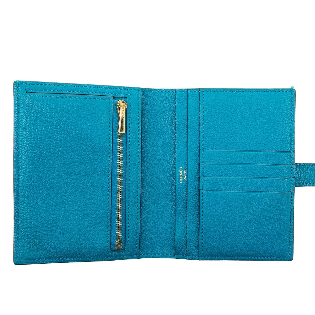 Hermès Chevre Mysore Bearn Compact Wallet Blue Leather Very good - Model View