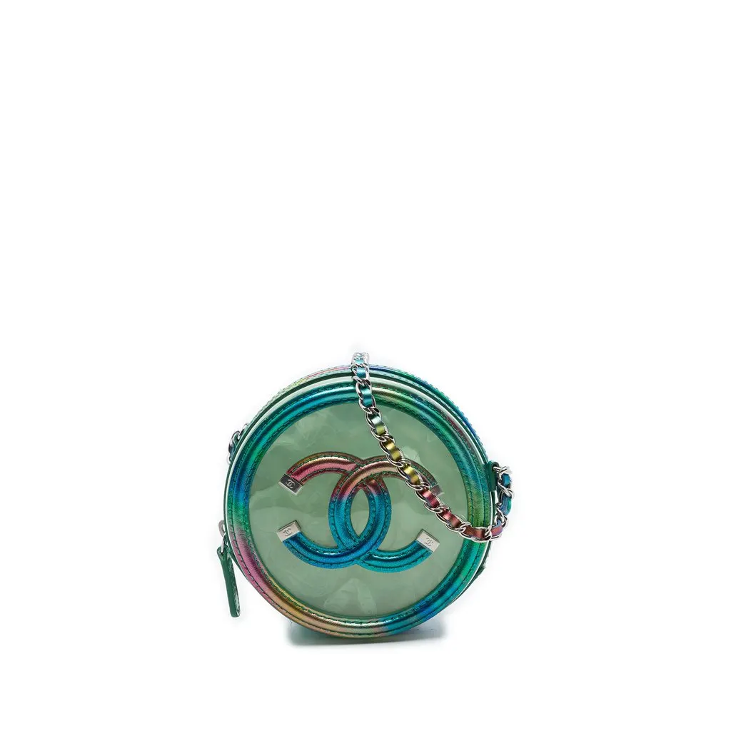 Chanel PVC and Metallic Lambskin CC Filigree Round Clutch with Chain Green Plastic Very good - Front View