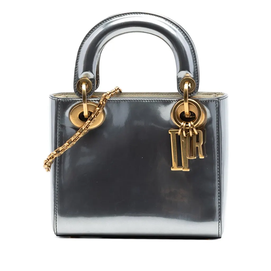 Dior Mini Metallic Patent Lady Dior Silver Leather Very good - Front View