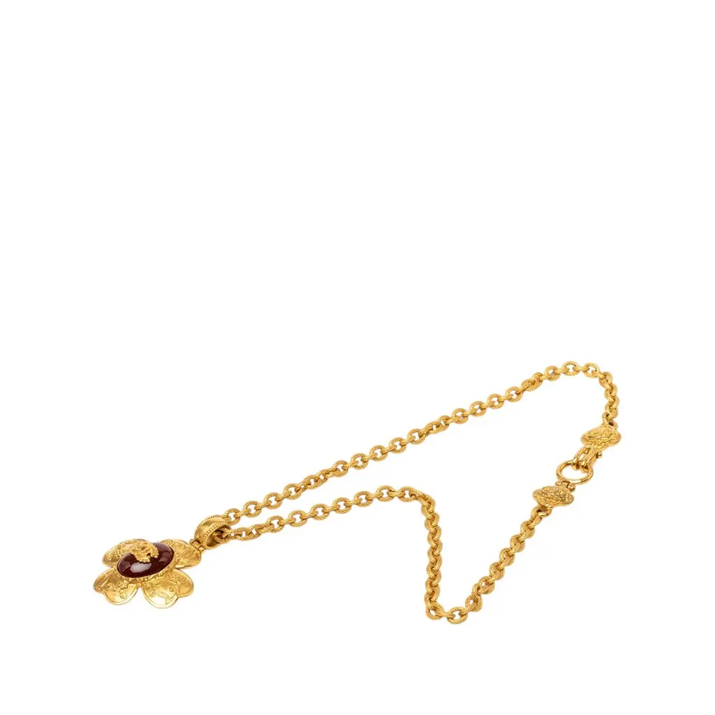 Chanel CC Gold Plated Gripoix Clover Pendant Necklace Gold Metal Very good - Front View