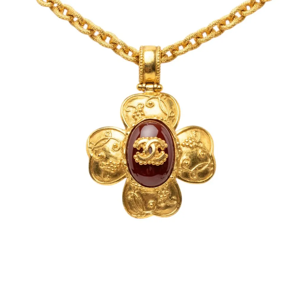 Chanel CC Gold Plated Gripoix Clover Pendant Necklace Gold Metal Very good - Back View