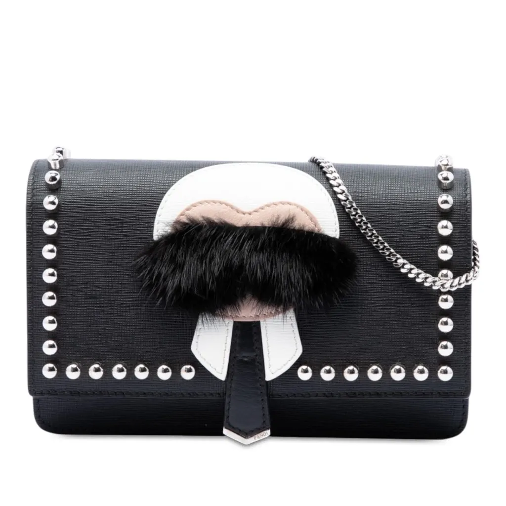 Fendi Studded Leather Karlito Wallet on Chain Black Leather Very good - Front View