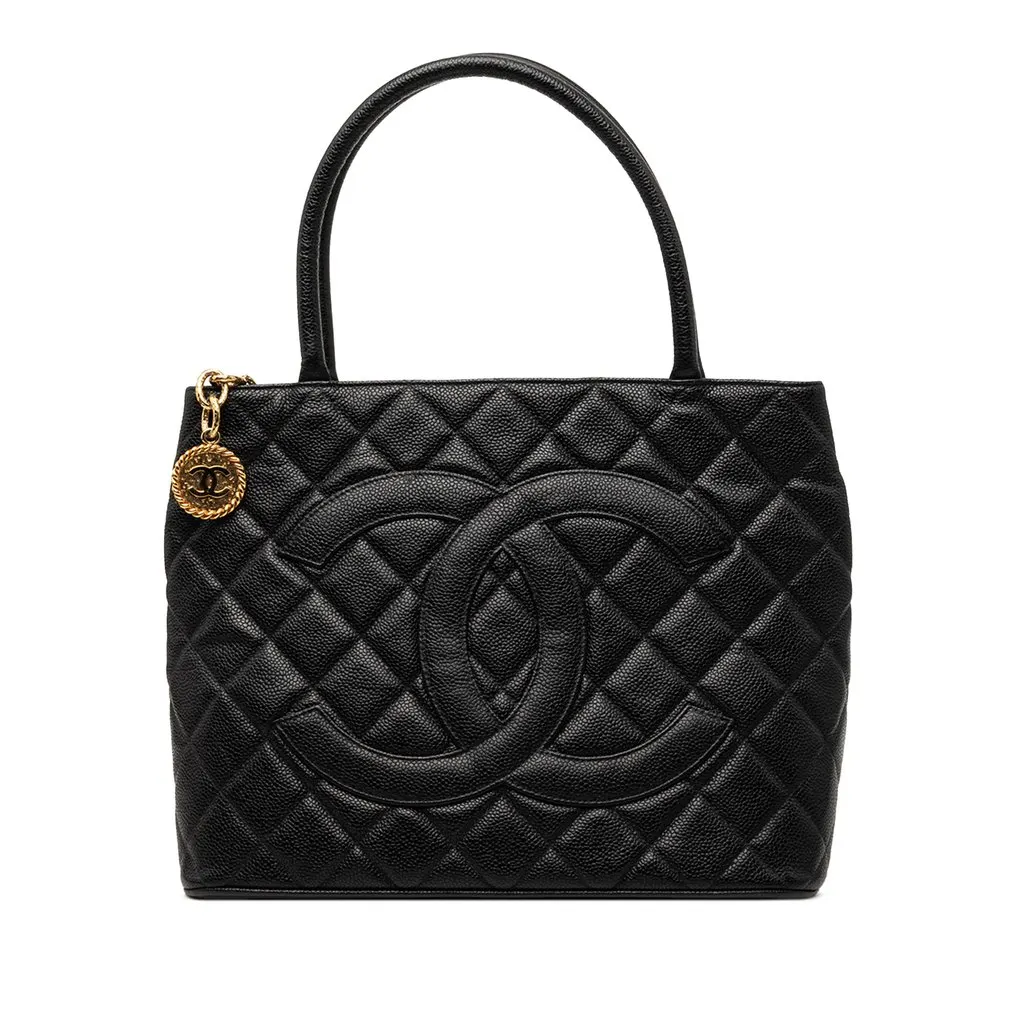 Chanel Caviar Medallion Tote Black Leather Good - Front View