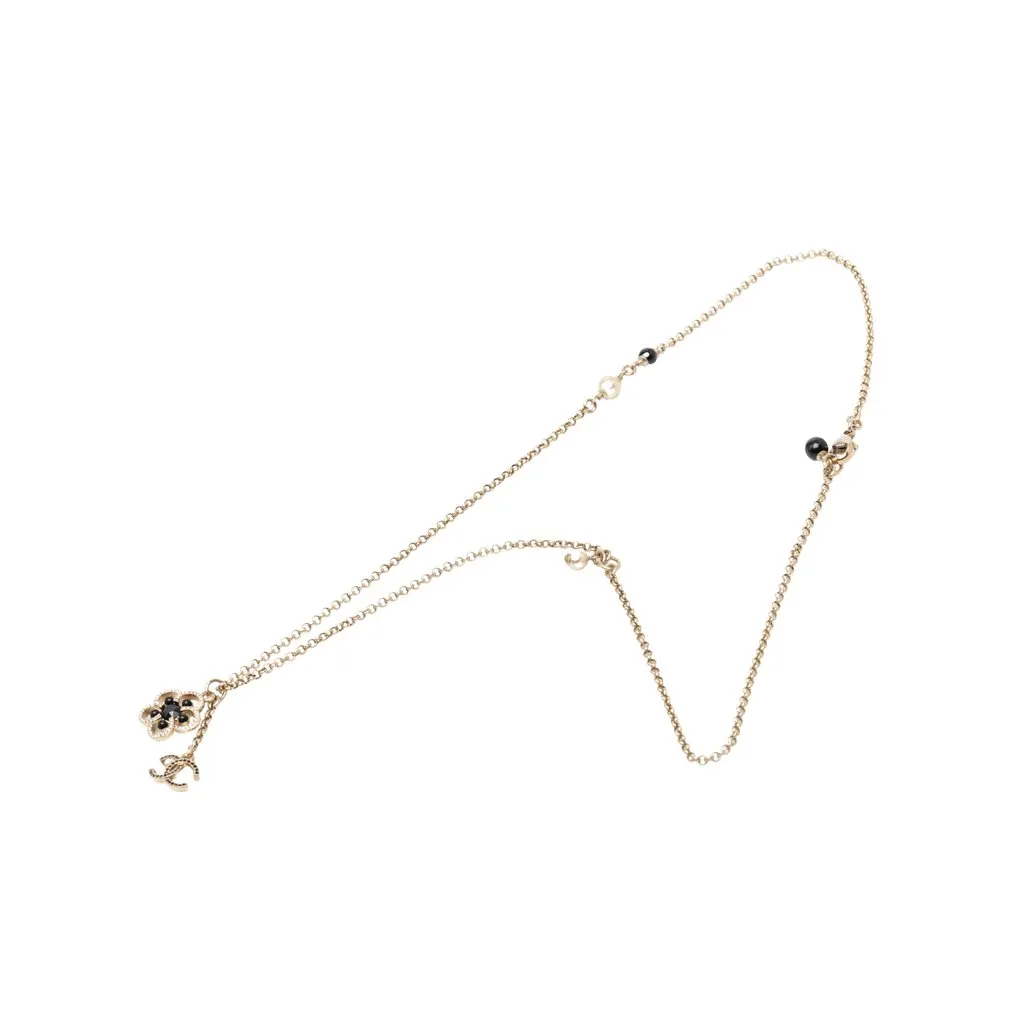 Chanel CC Gold Plated Strass Faux Pearl Flower Pendant Necklace Gold Metal Very good - Front View
