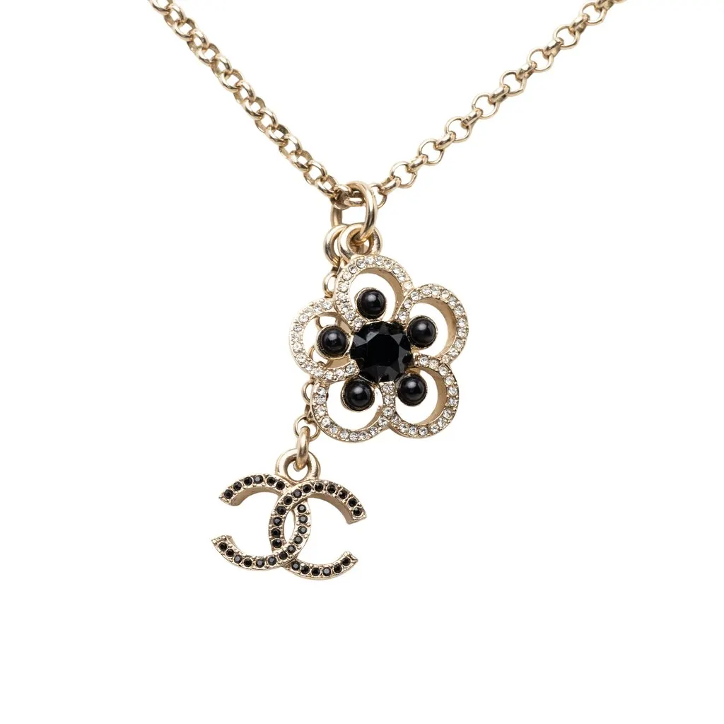 Chanel CC Gold Plated Strass Faux Pearl Flower Pendant Necklace Gold Metal Very good - Back View
