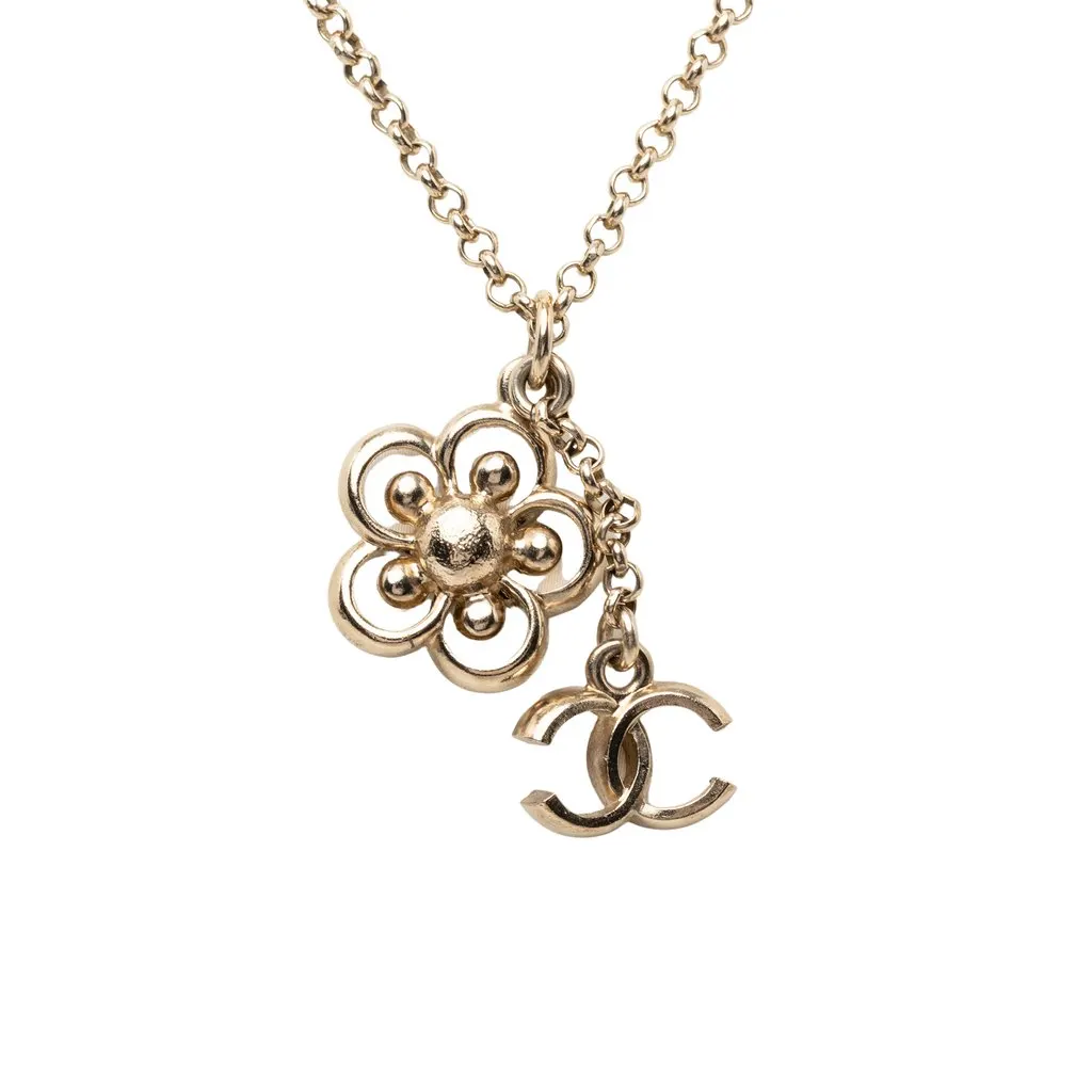 Chanel CC Gold Plated Strass Faux Pearl Flower Pendant Necklace Gold Metal Very good - Inside View