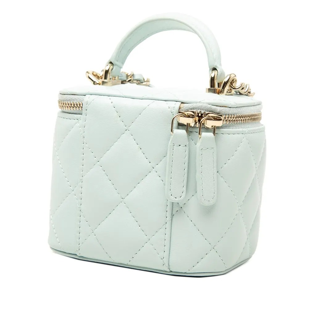 Chanel Mini CC Quilted Lambskin Top Handle Vanity Case With Chain Blue Leather Good - Back View