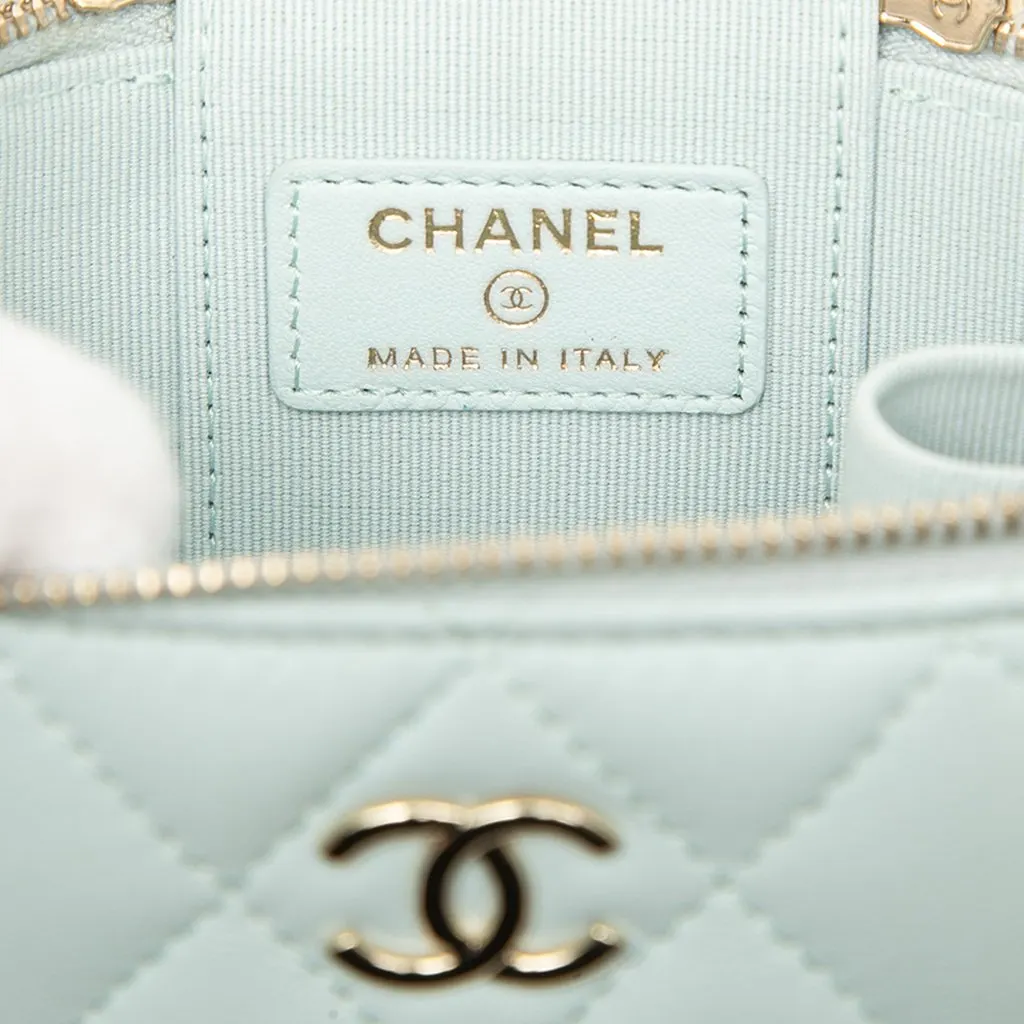 Chanel Mini CC Quilted Lambskin Top Handle Vanity Case With Chain Blue Leather Good - Box View